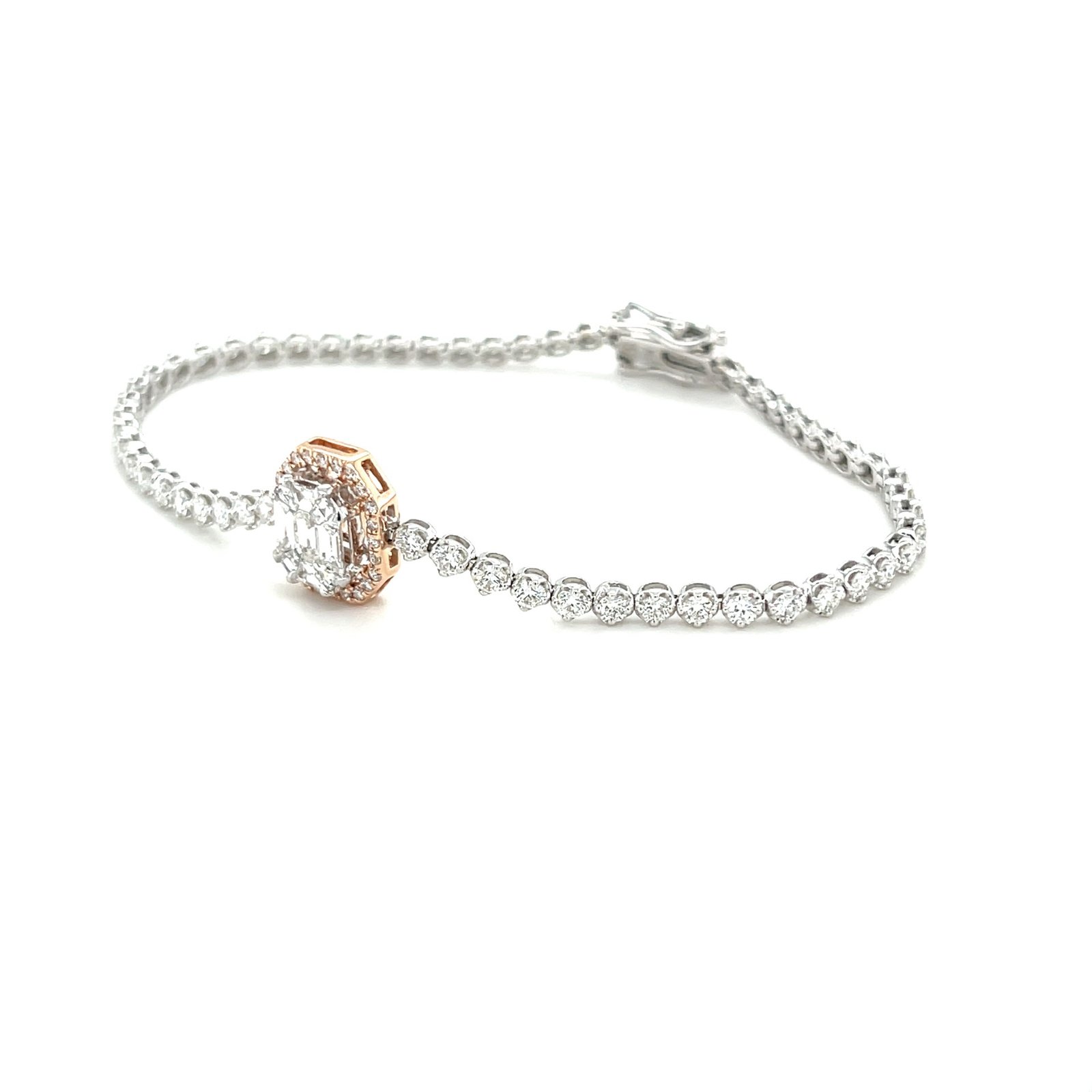 Emerald-Cut Diamond Tennis Bracelet with Rose Gold Accent